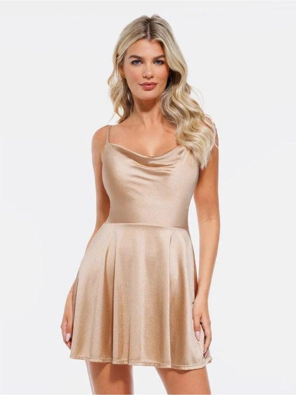 Satin Cowl Neck Mini Dress in Champagne Gold
